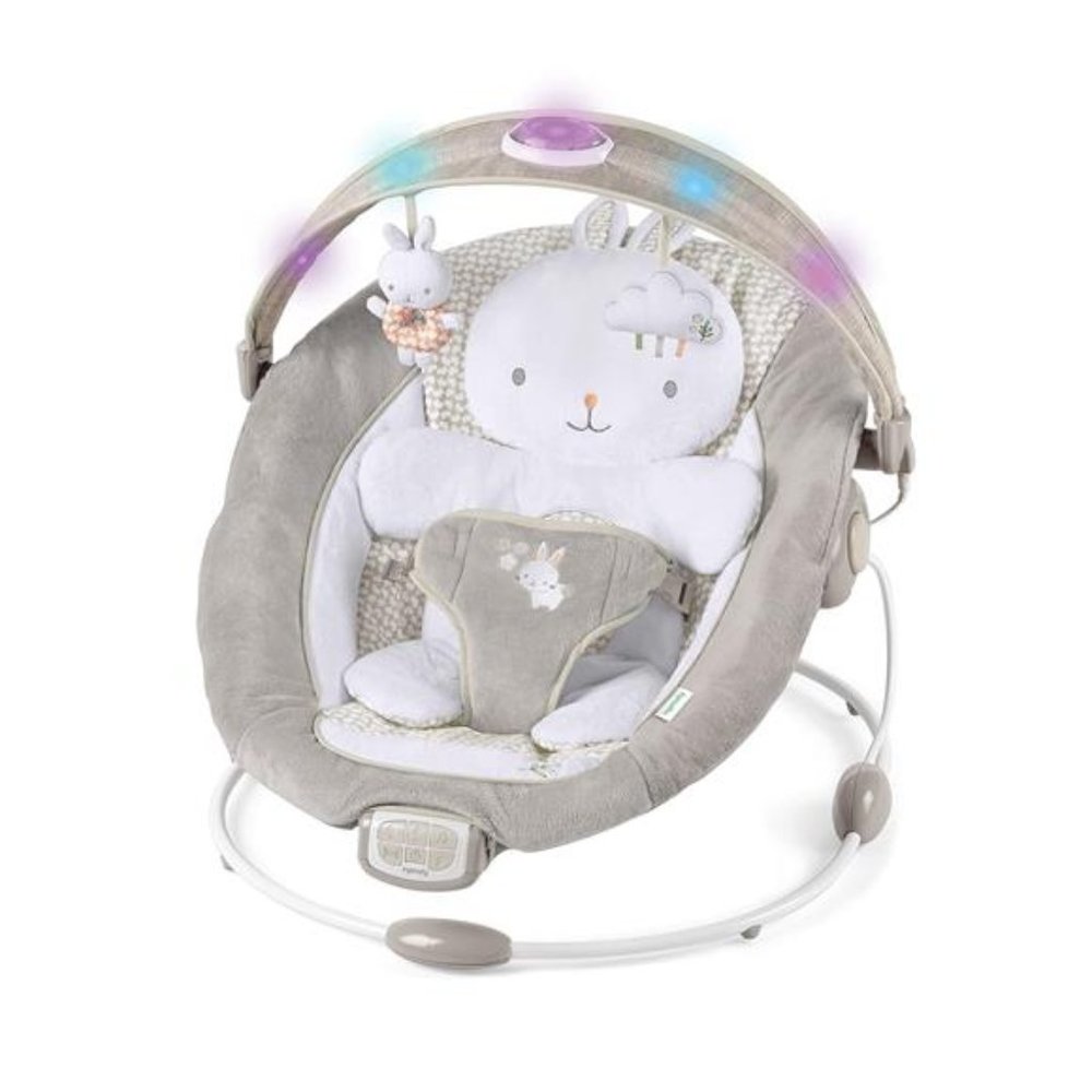 Baby Bouncer Infant Seat with Light Up -Toy Bar, Vibrations, Tummy Time Pillow